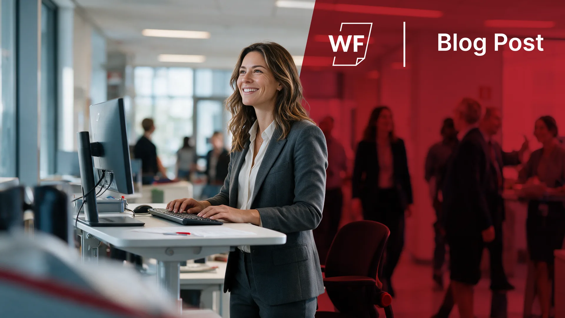 A businesswoman working at a standing desk in a busy open office — Four Ways to Increase Your Productivity
