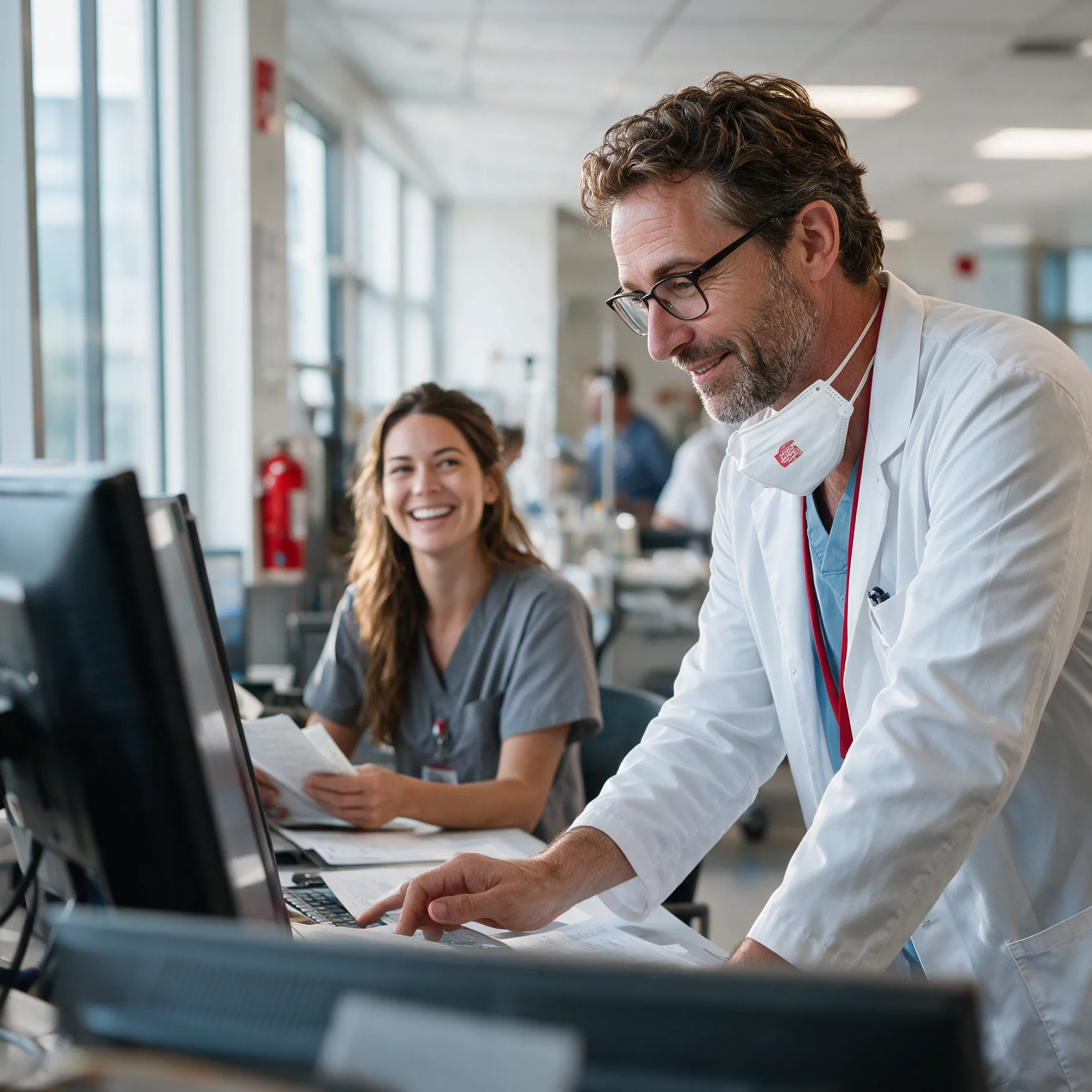 A physician and nurse reviewing patient records at an EHR workstation in a busy clinic