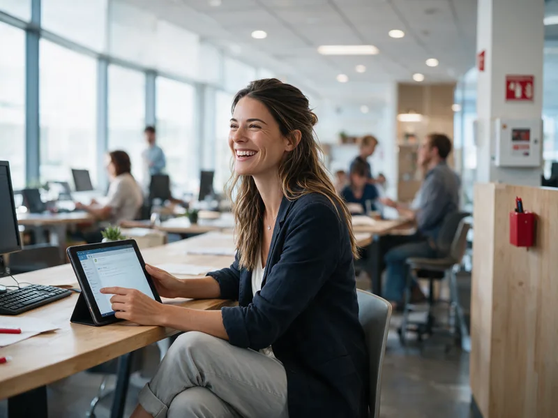 A smiling clinician reading an incoming fax in her email inbox on a tablet at a bright office desk