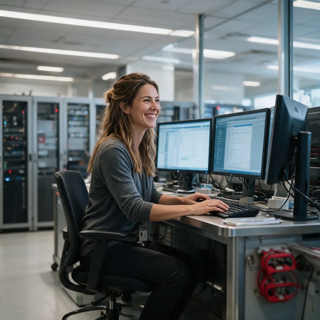 A smiling IT administrator working across multiple monitors beside the server racks she manages