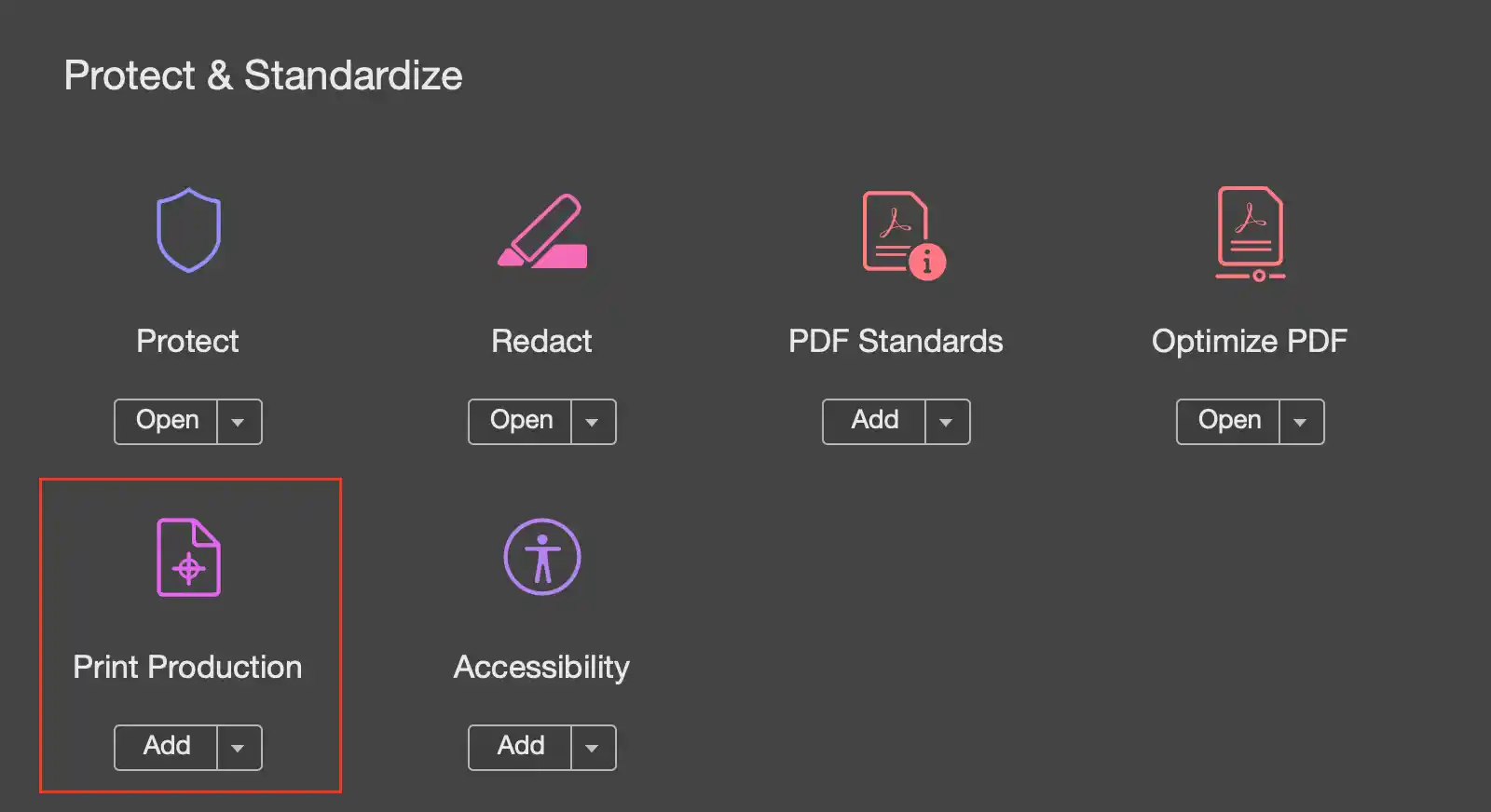 Acrobat Tools menu with Print Production selected