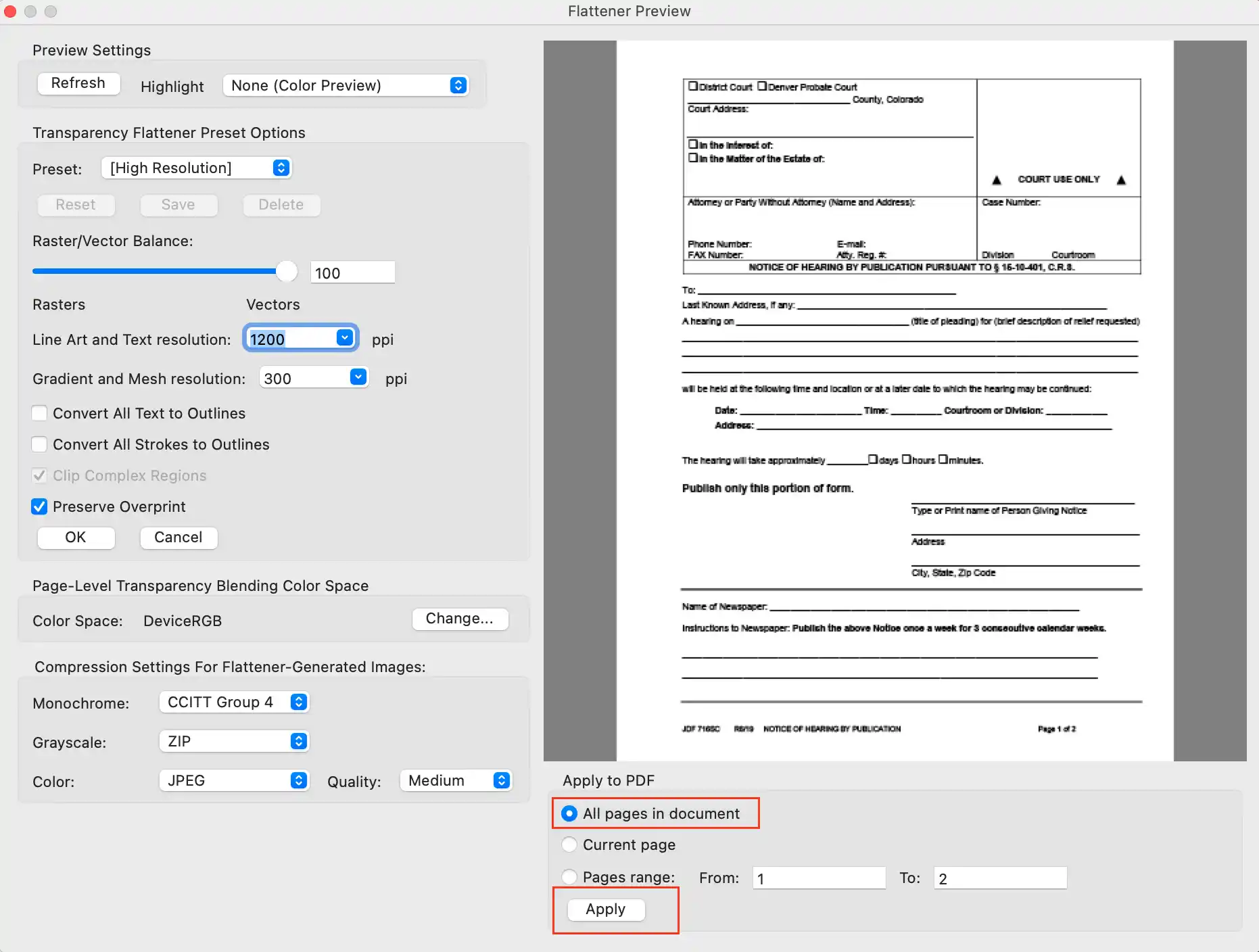 Flatten Preview page range and Apply button in Adobe Acrobat