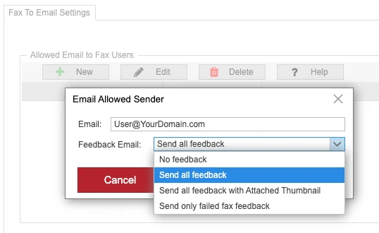 Fax to Email Settings screen in the WestFax portal showing the New allowed sender form