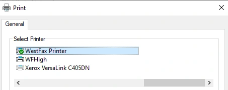 Windows Print dialog with the WestFax Printer selected