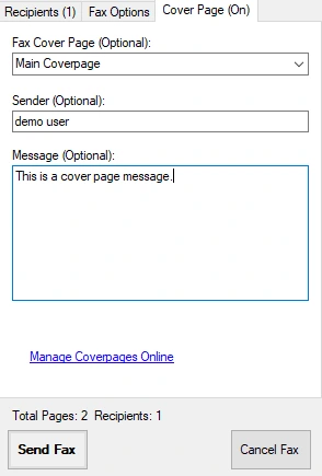 WestFax Print Driver cover page selection screen