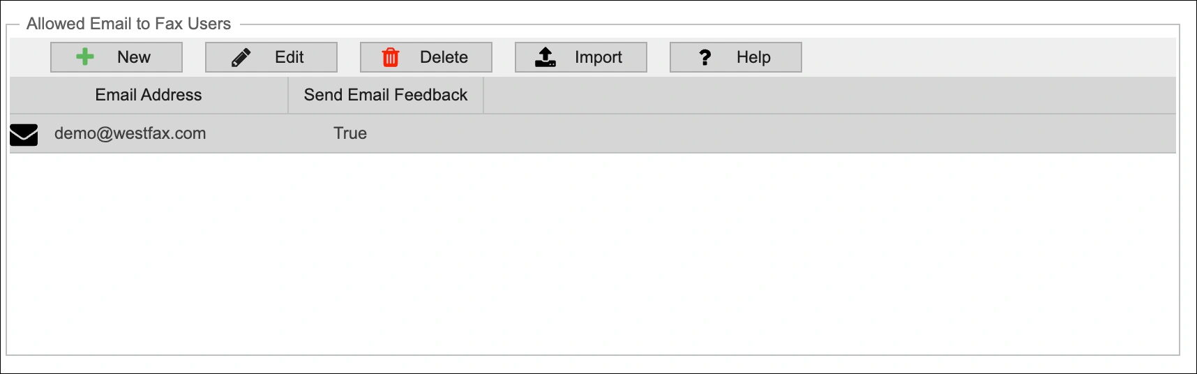 Allowed sender email address entry with return-receipt option in WestFax