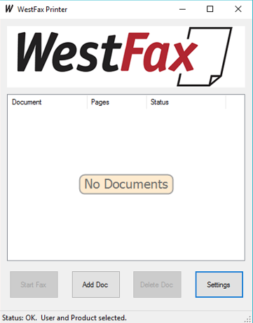 Empty WestFax Print To Fax driver window on first launch, before any account settings are entered