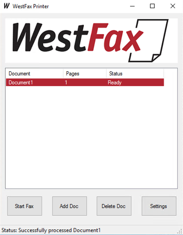 WestFax Printer window showing a document added to the list of outgoing faxes