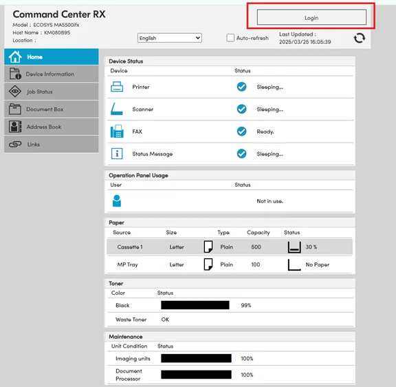 Kyocera Command Center RX login page