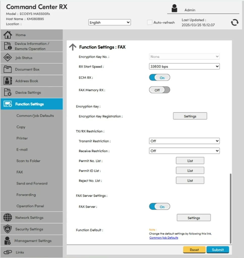 Kyocera FAX Server Settings with the Use Email SMTP Settings toggle