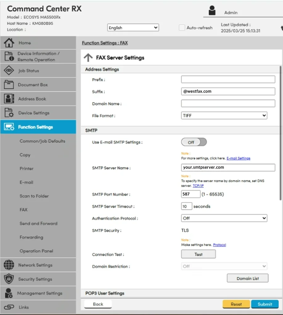 Kyocera Fax Server Address Settings with the outbound fax domain