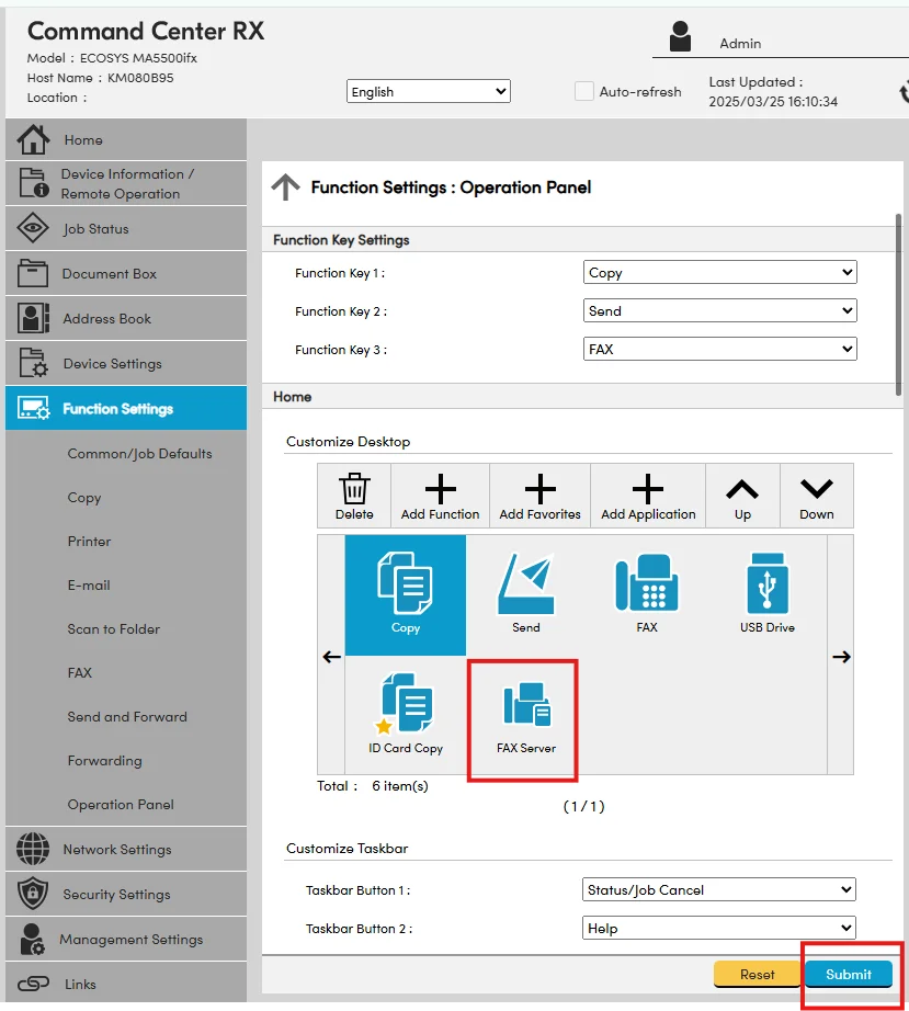 Kyocera control panel showing the new FAX Server icon