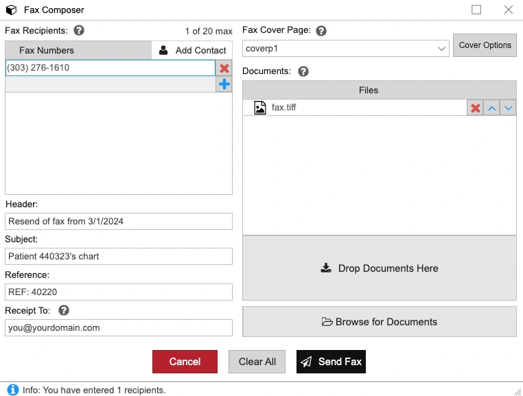 Send Fax dialog with header, subject, and reference fields