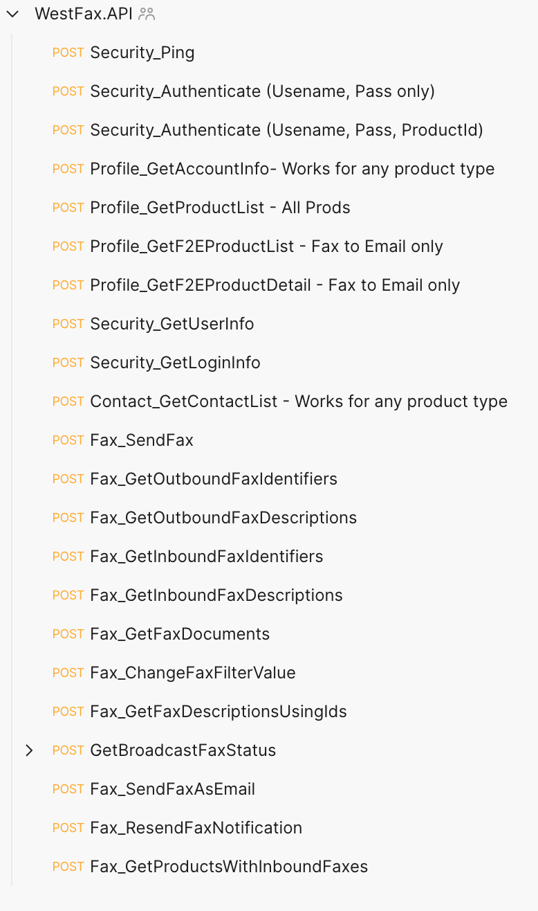 WestFax.API folder expanded in the Postman collection