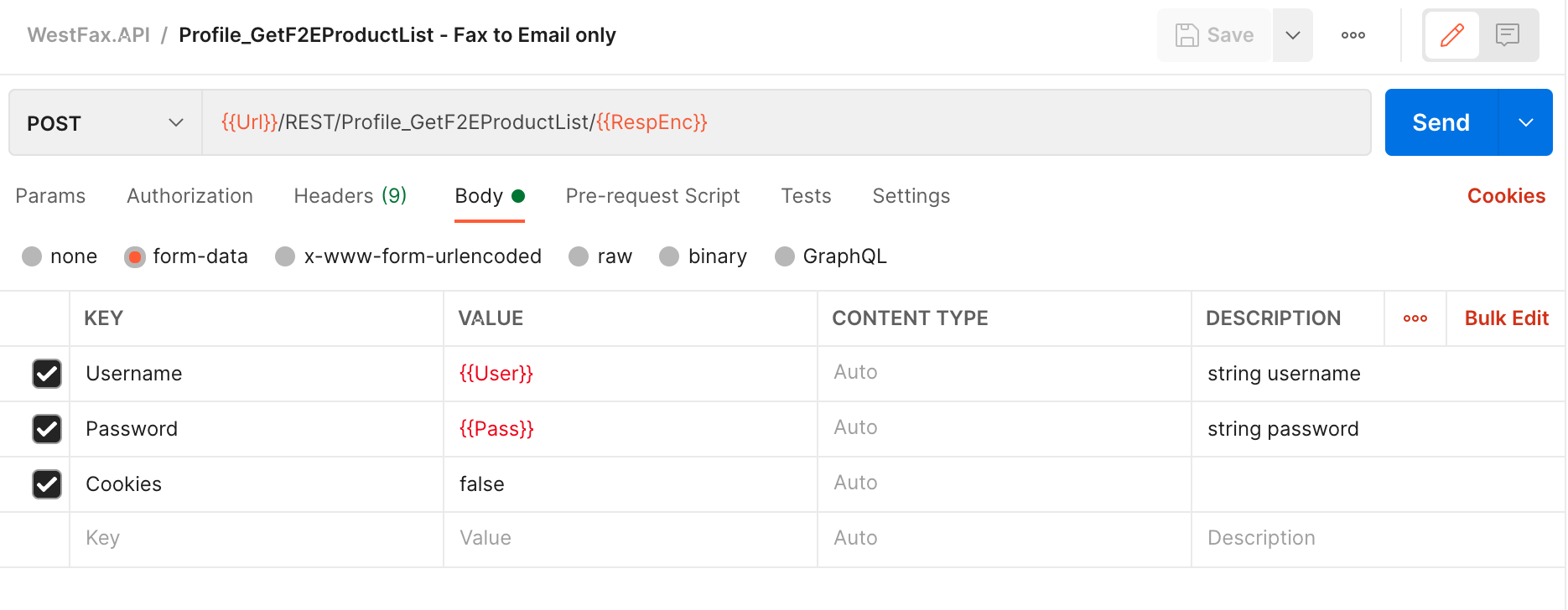 Postman request Body tab with template variables
