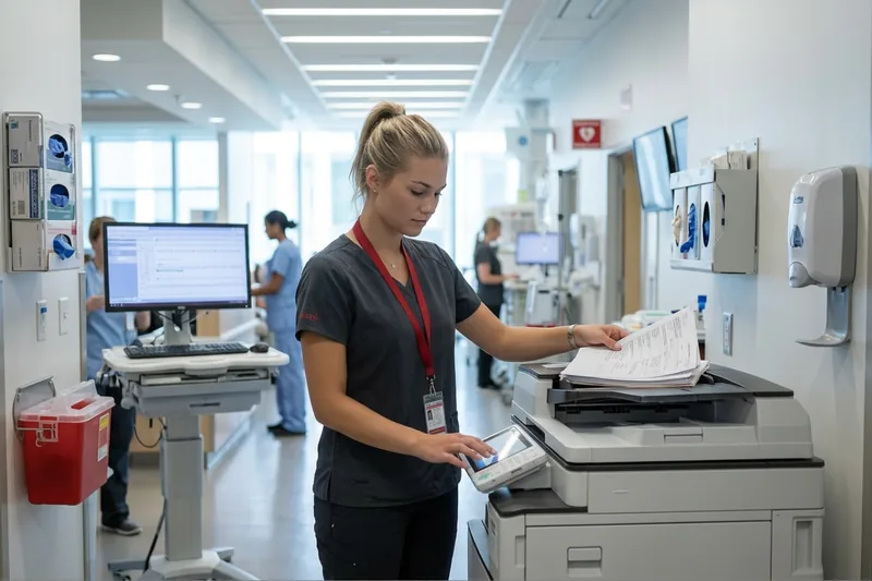 A clinician collecting an inbound fax that printed automatically at the department's multifunction printer
