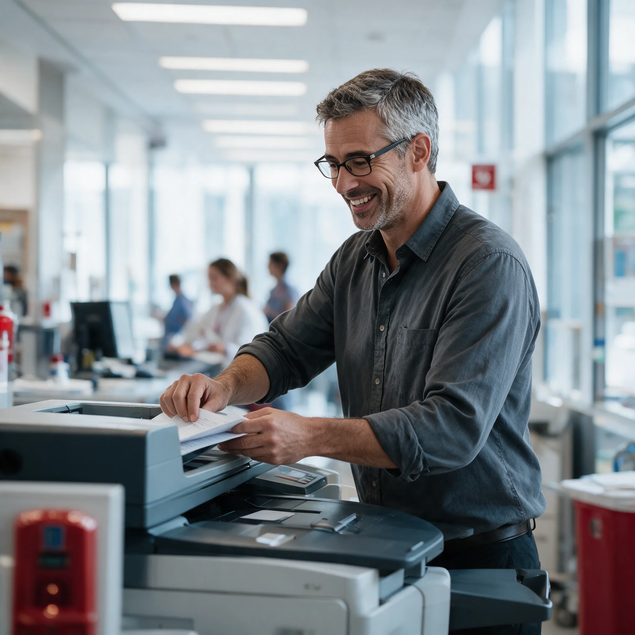 A smiling office worker scanning a document at a multifunction office printer