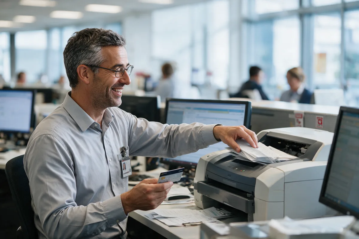A smiling office worker holding a payment card while collecting documents from the fax machine