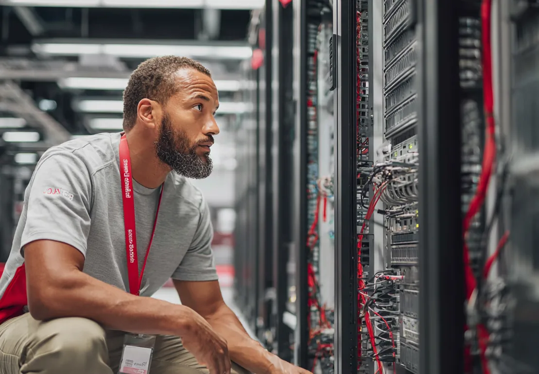 A technician working among racks of server infrastructure in a WestFax data center