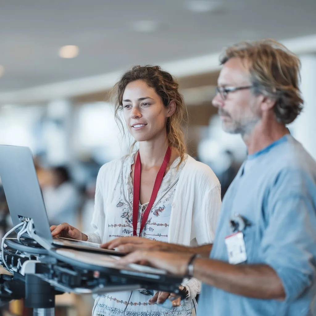 Two team members reviewing documents that file automatically into their cloud systems