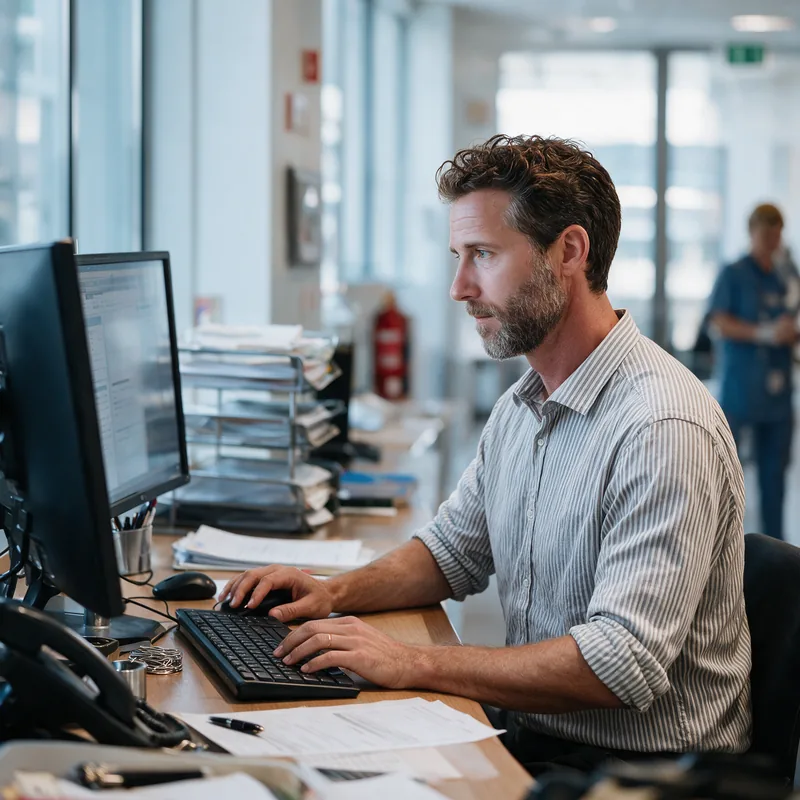 A health information team member processing documents that route downstream from OnBase with WestFax
