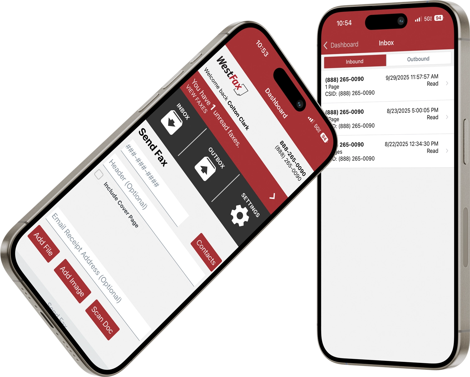 The WestFax mobile app on two iPhones — one composing a fax on the Send Fax screen, one showing the fax inbox
