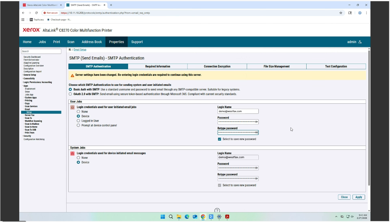 Configure Xerox SMTP authentication