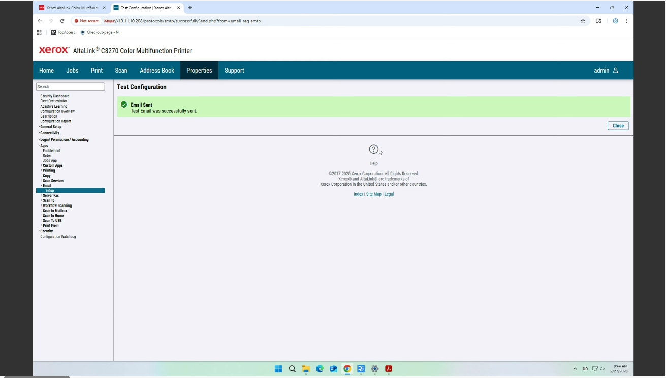 Confirm Xerox SMTP configuration complete