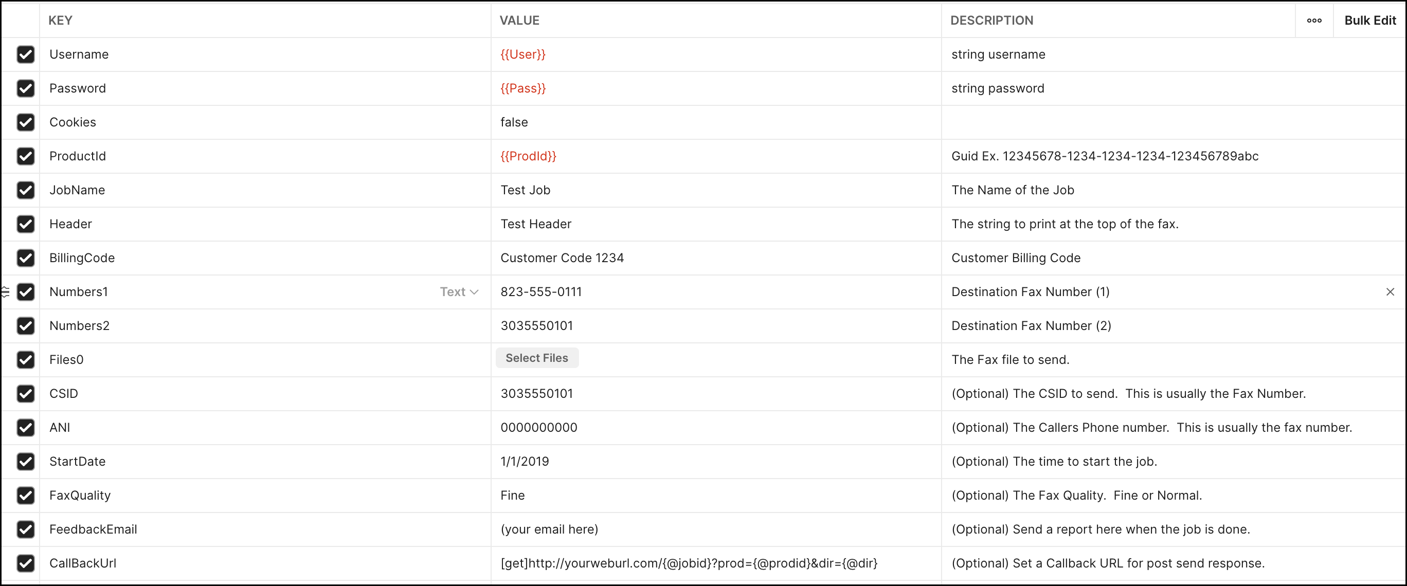 Fax Send Collection on Postman