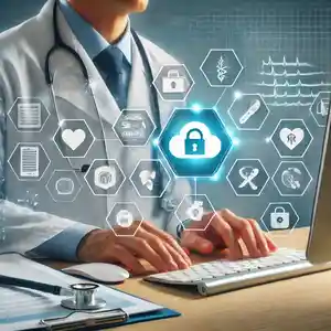 Futuristic image of doctor working on computer