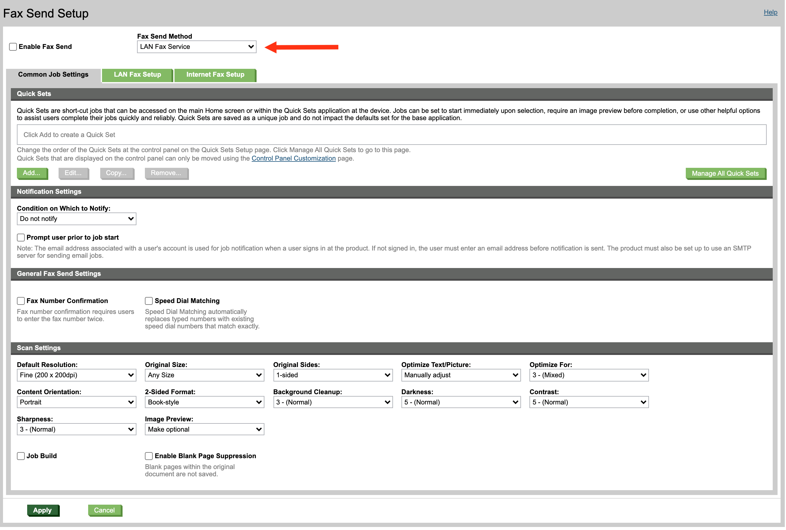 Setup Email to Fax settings - HP MFP Fax Settings Page