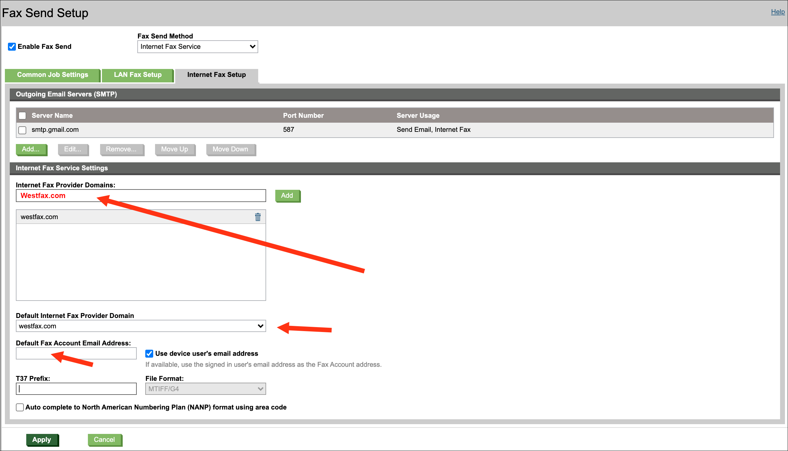 Setup Email to Fax settings - HP MFP Fax Settings Page