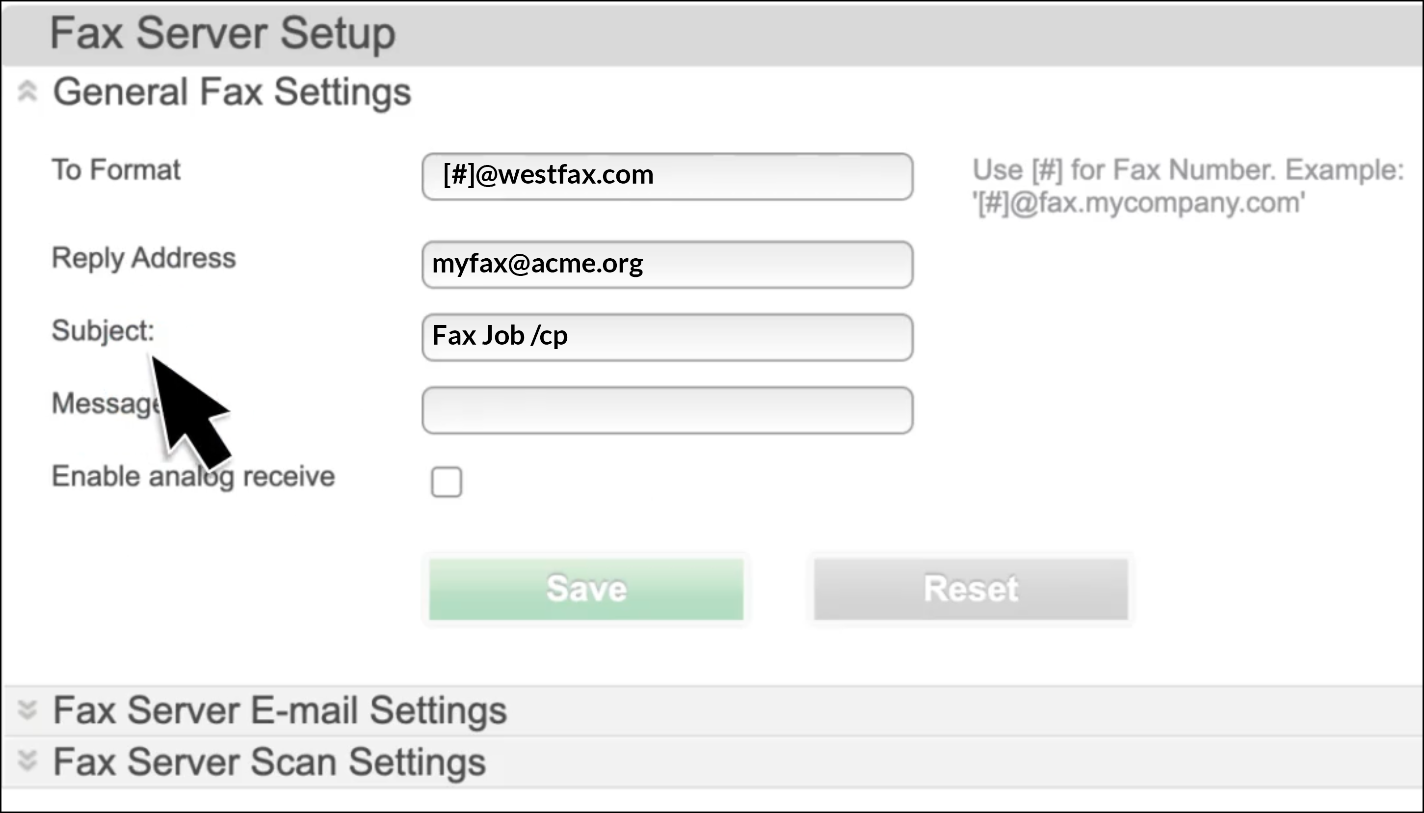 Fax Server Setup Settings