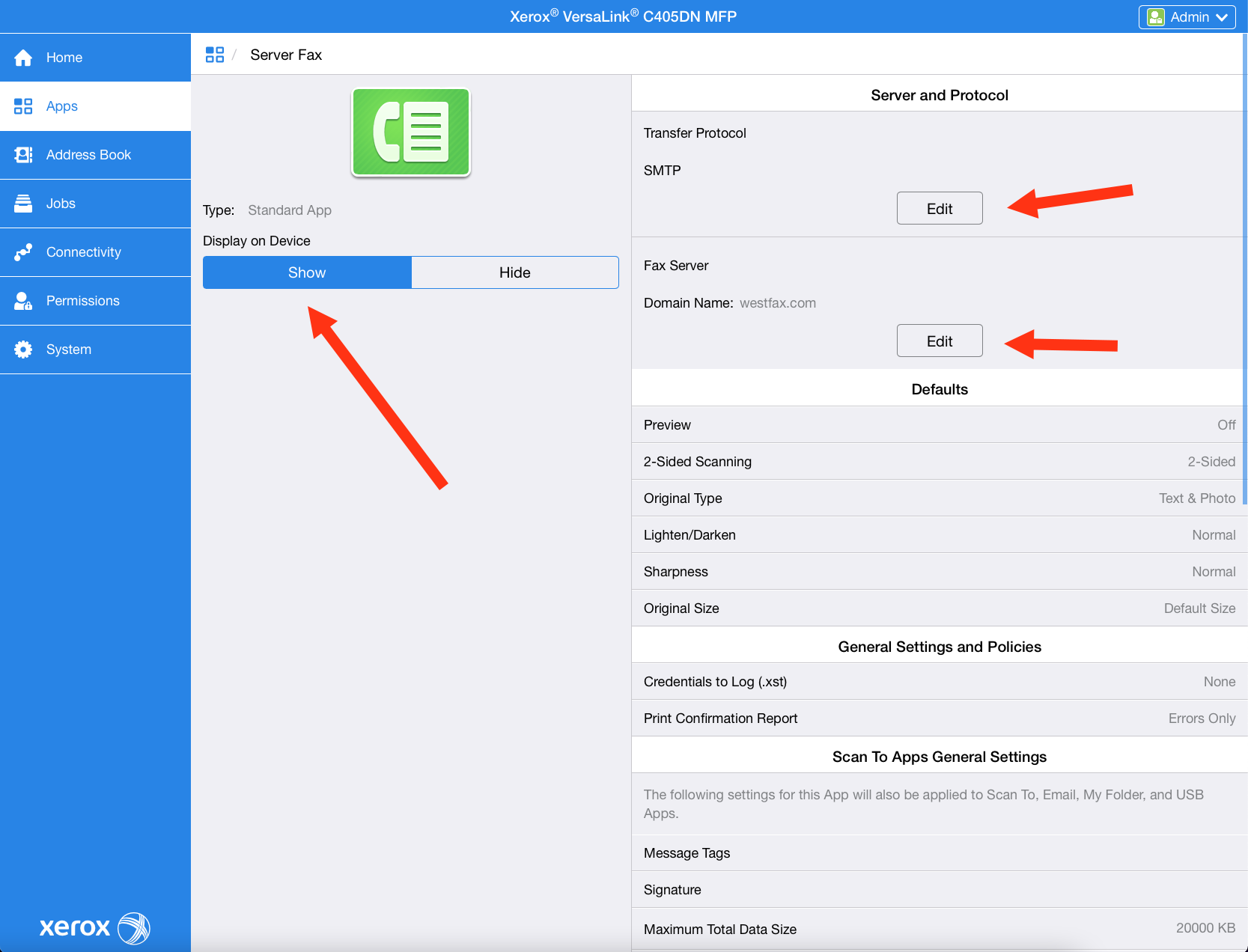 Setup Email to Fax settings - Xerox MFP Fax Settings Page