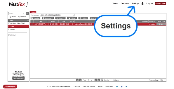 WestFax fax console inbox with a red arrow pointing to the Settings menu option in the top navigation to show where to click to access account settings.