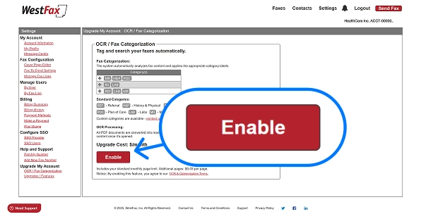 WestFax settings screen highlighting the red “Enable” button used to activate the OCR / Fax Categorization feature.